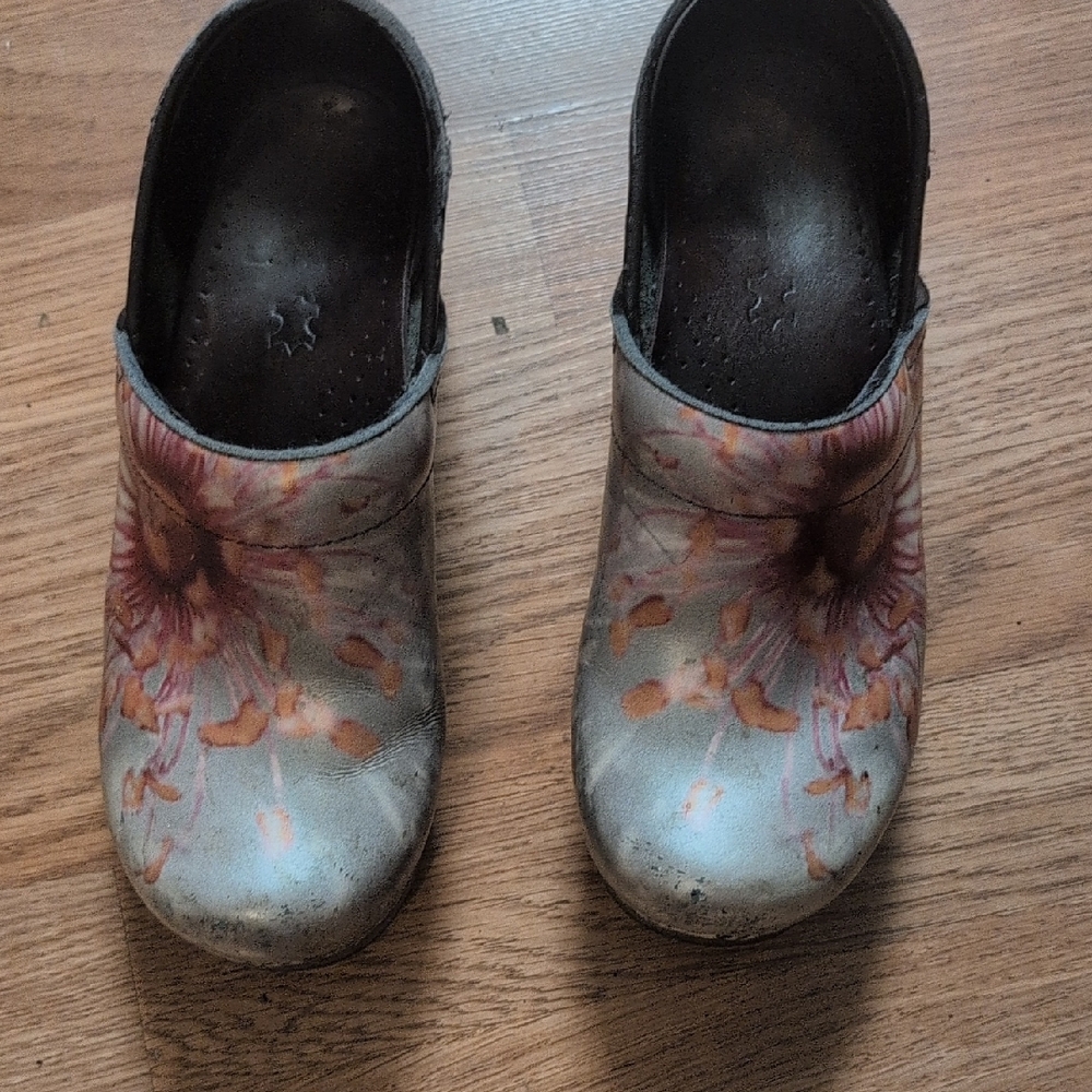 Dansko Floral Mules - Gray and Pink